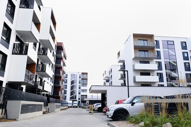 Modern apartment building exterior representing residential co-ownership units